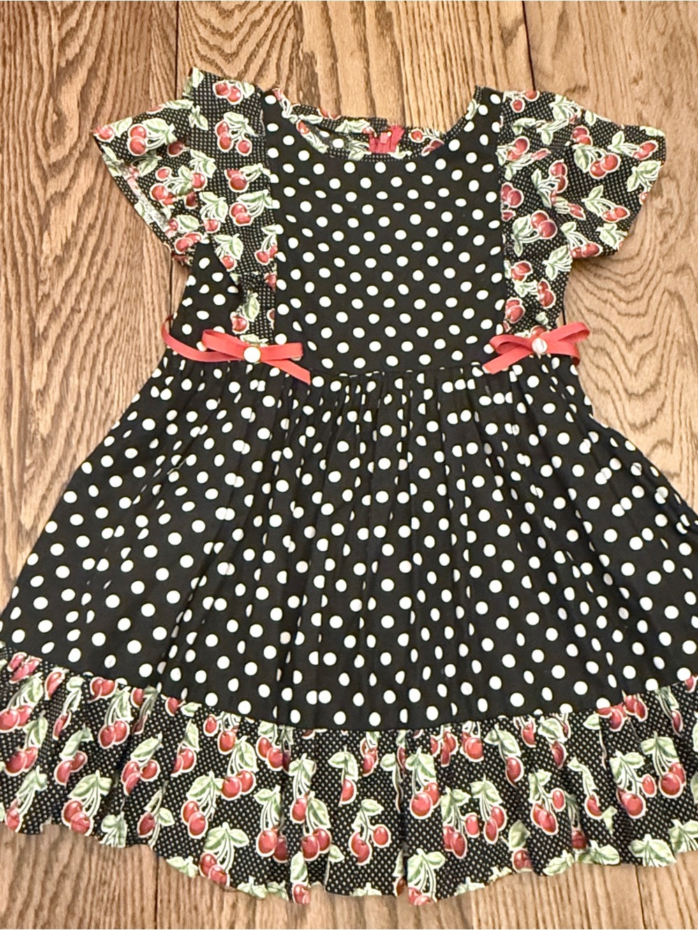 Vintage Girls Black Polka Dot Dress with Cherry Print Trim and Red Bows Sz 4